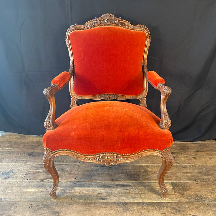 Pair of French Louis XV Intricately Carved Armchairs, Fauteuils or Parlor or Lounge Chairs with Original Fabulous Vermilion Red Mohair