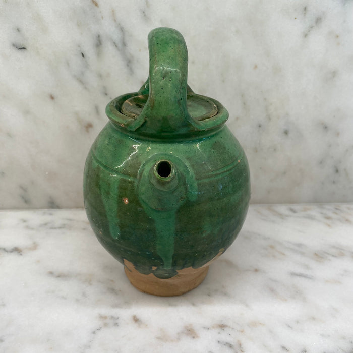 French Antique Green Glazed Gargoulette - Antique Provencal Pottery Jug with Lid