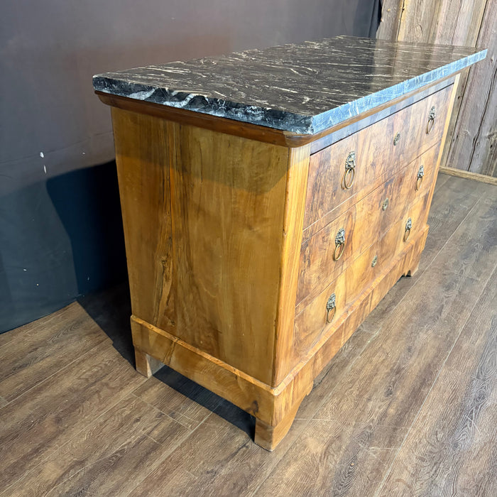19th Century French Burled Wood Commode, Dresser or Chest of Drawers with Marble Top and Lion Pulls