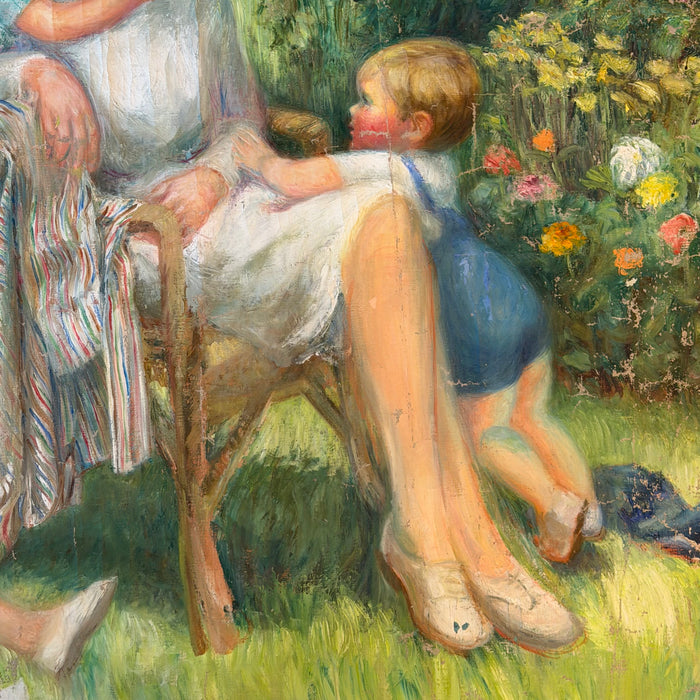 Impressionist Oil Painting: Listed Maine Artist Emily Muir (1904–2003) Large Figural Garden Scene with Mother and Children, Oil on Canvas