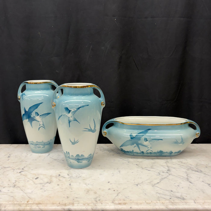 French Faience Three-Piece Vase and Jardinière Set with Swallows by Keller and Guerin