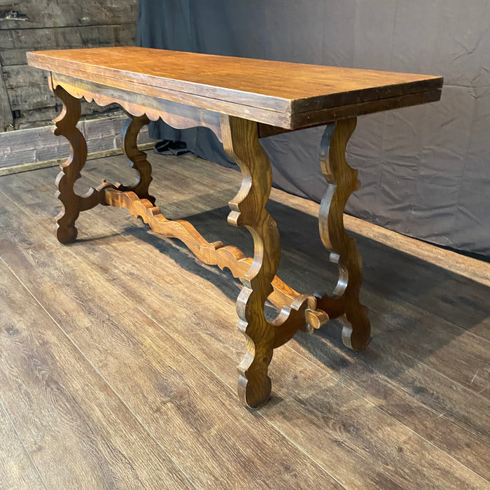 French Console Table or Dining Table with Carved Trestle Base and Folding Solid Oak Top