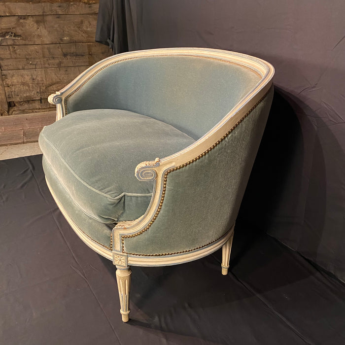 Antique French Louis XVI Sofa, Loveseat or Settee in Original White Paint and Blue Mohair Upholstery