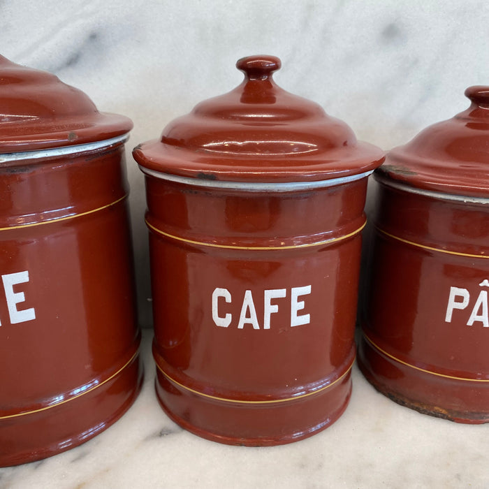 Set of Five French Reddish Brown Enamel Kitchen Canisters with Original Lids