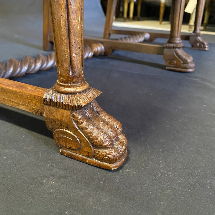 Pair of Elegant French Antique Carved Barley Twist Benches, Coffee Tables or Settees with Carved Feet and New Upholstery