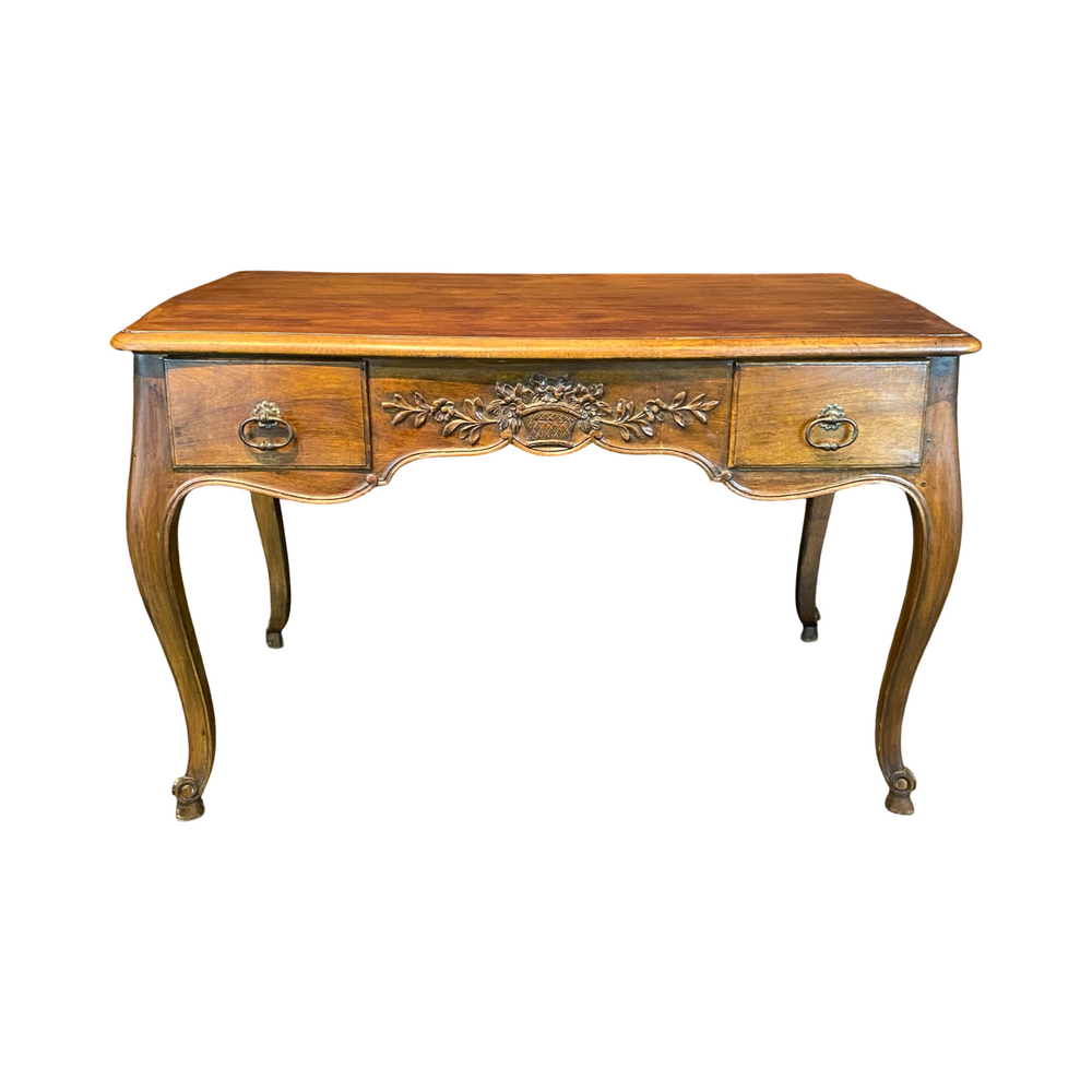 French 19th Century Writing Desk, Side Table or Console -  Louis XV Walnut with 2-Sided Carved Floral Urn Decor