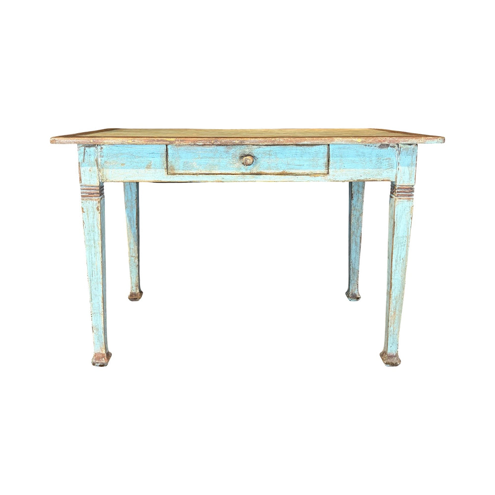 Antique French Provincial Painted Table or Desk with Drawer, Pale Blue Patina