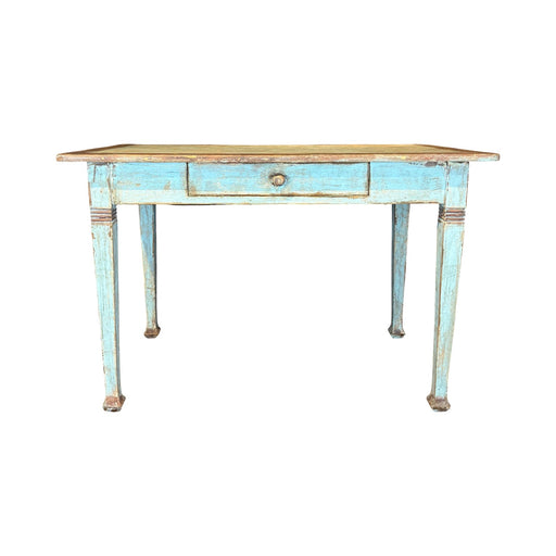 Antique French Provincial Painted Table or Desk with Drawer, Pale Blue Patina