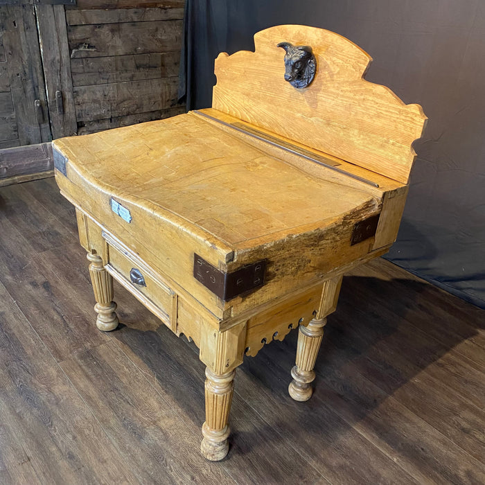 Antique country French Boucherie Billot de Boucher - Butcher's Shop Butcher Block Table with Original Maker's Label