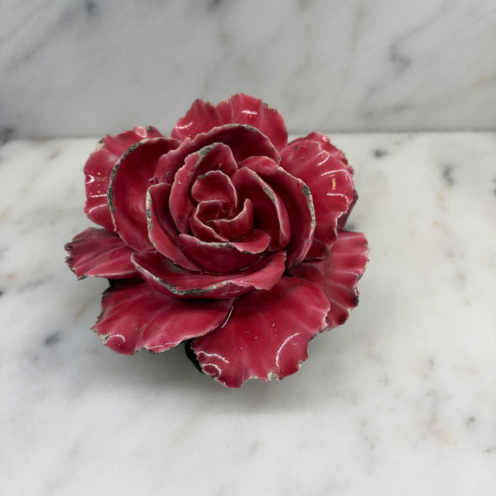 Antique French Pink Porcelain Rose Flower Sculpture with Green Leaves