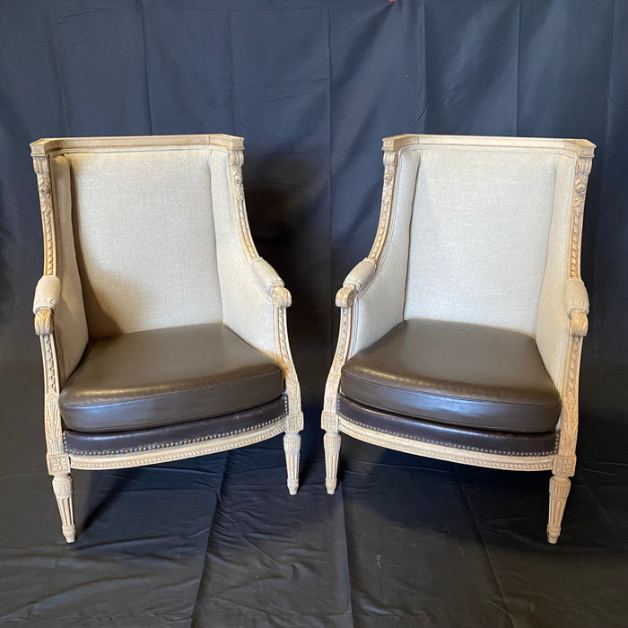 Pair of French Louis XVI Carved Leather Bleached Walnut Bergere Chairs or Armchairs