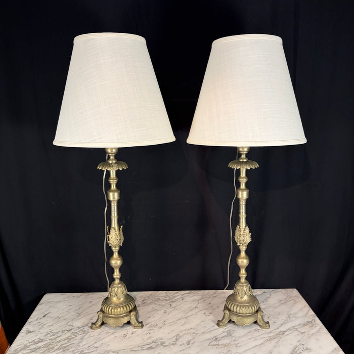 Pair of Tall Antique French Gilt Metal Church Altar Candlestick Table Lamps