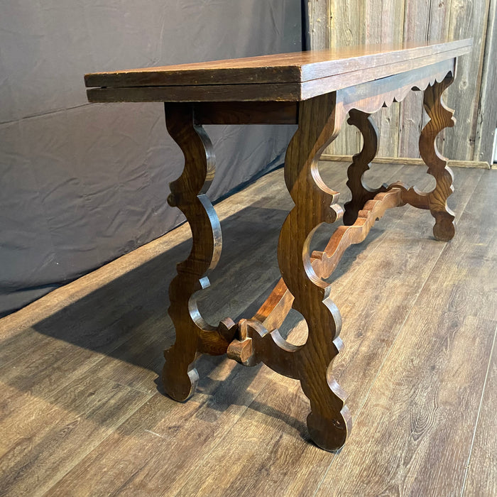 French Console Table or Dining Table with Carved Trestle Base and Folding Solid Oak Top