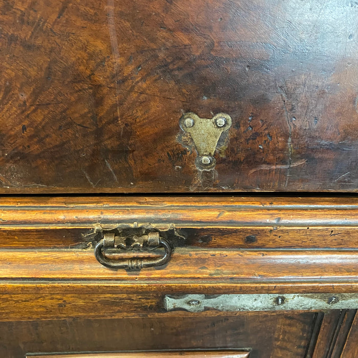 18th Century Spanish Baroque Walnut Bargueno or Vargueno Fall-Front Writing Desk Cabinet Spanish Cabinet "Bargueño" or Vargueno on Stand, Original Wrought Iron and Keys
