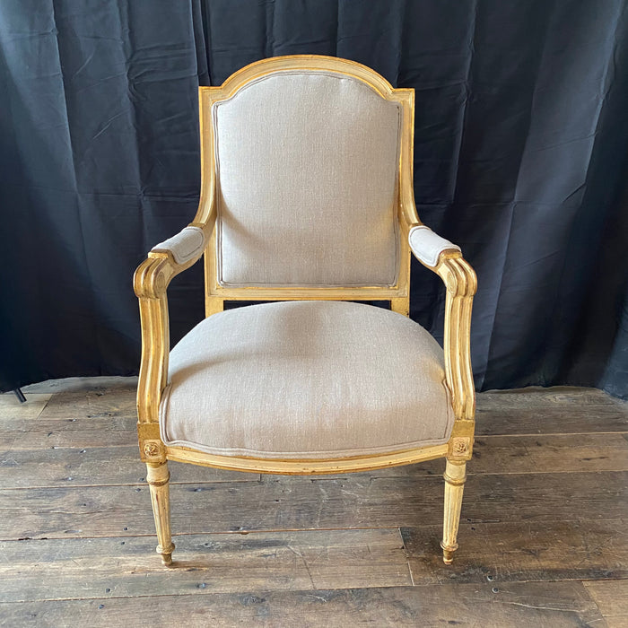 Pair of French Louis XVI Neoclassical Gold Gilt and Original Paint Armchairs or Fauteuils