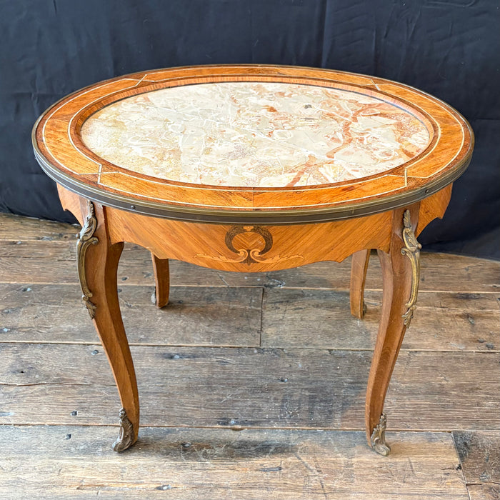 Antique French Louis XV Oval Marble Top Coffee Table, Cocktail or Side Table with Inlay, Marquetry and Bronze Mounts