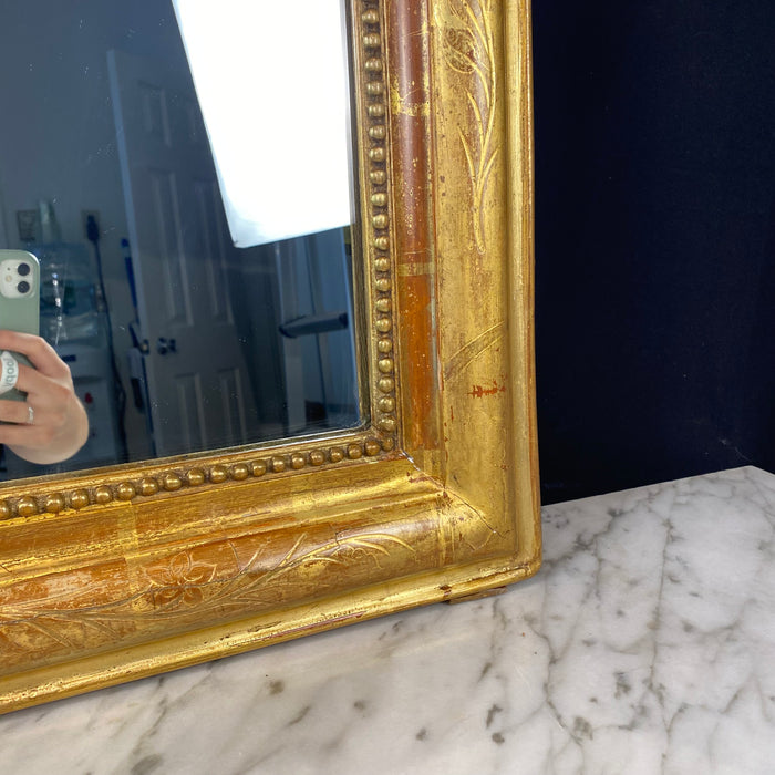 Antique French Louis Philippe Mirror with Crest and Original Gold Gilt Paint