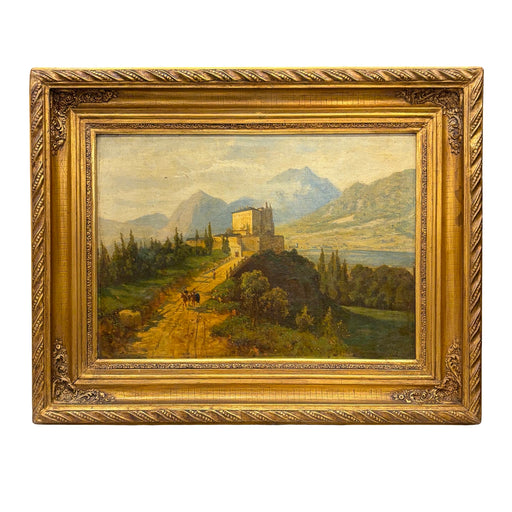 19th Century French Oil Painting of an Alpine Lake Landscape with Hilltop Castle and Horseback Riders in Ornate Gilt Frame