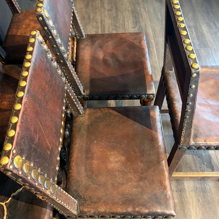 French Antique Set of Leather and Nailhead Dining Chairs with Bobbin Legs