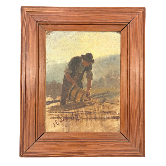 1902 French Oil Painting of a Vineyard Worker with a Hotte à Vendange (Wine Harvester)