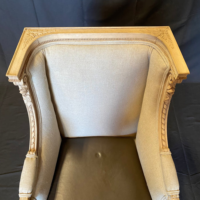 Pair of French Louis XVI Carved Leather Bleached Walnut Bergere Chairs or Armchairs