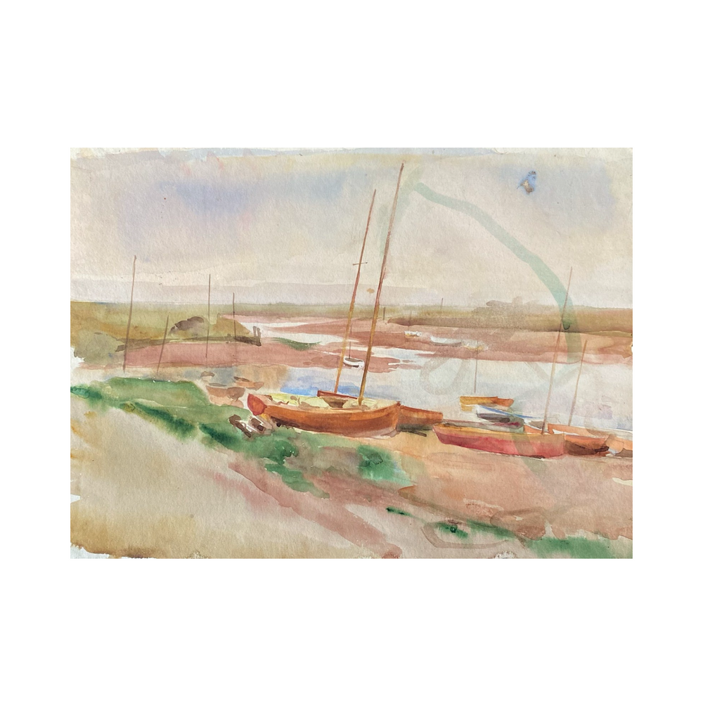 Listed British Artist Bernard Harper Wiles (1883-1966) - Sailboats on the Shore Watercolor Painting