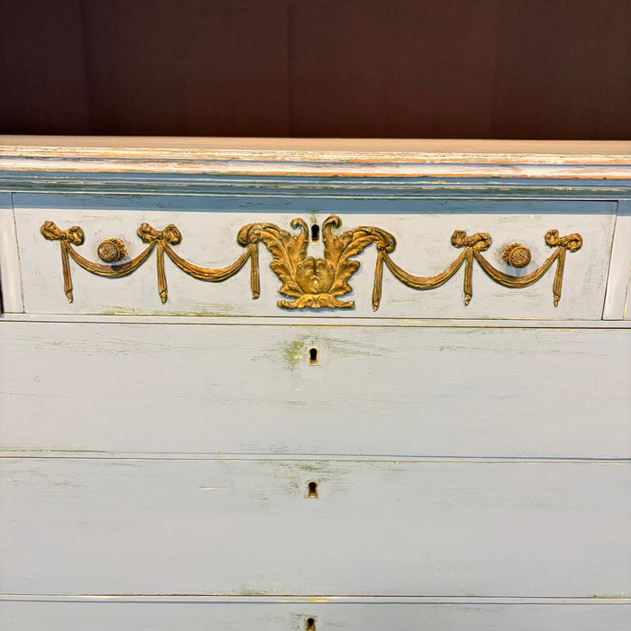French Louis XVI Style Painted Blue Chest of Drawers with Gilt Bronze Mounts