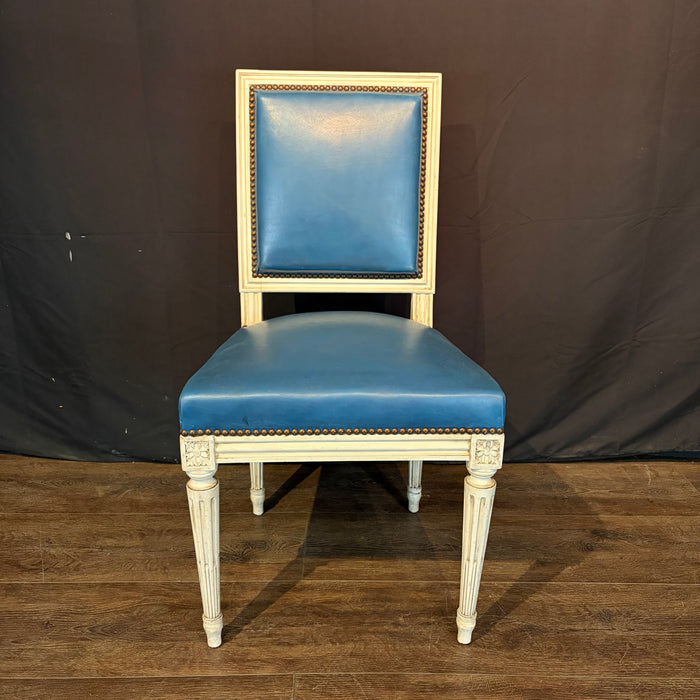 Set of Eight French Louis XVI Painted Dining Chairs in Blue Leather Circa 1920