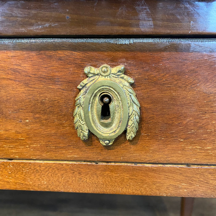 French Antique Embossed Leather Top Desk with Two Drawers and Original Key