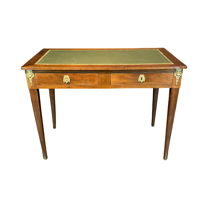 French Antique Embossed Leather Top Desk with Two Drawers and Original Key