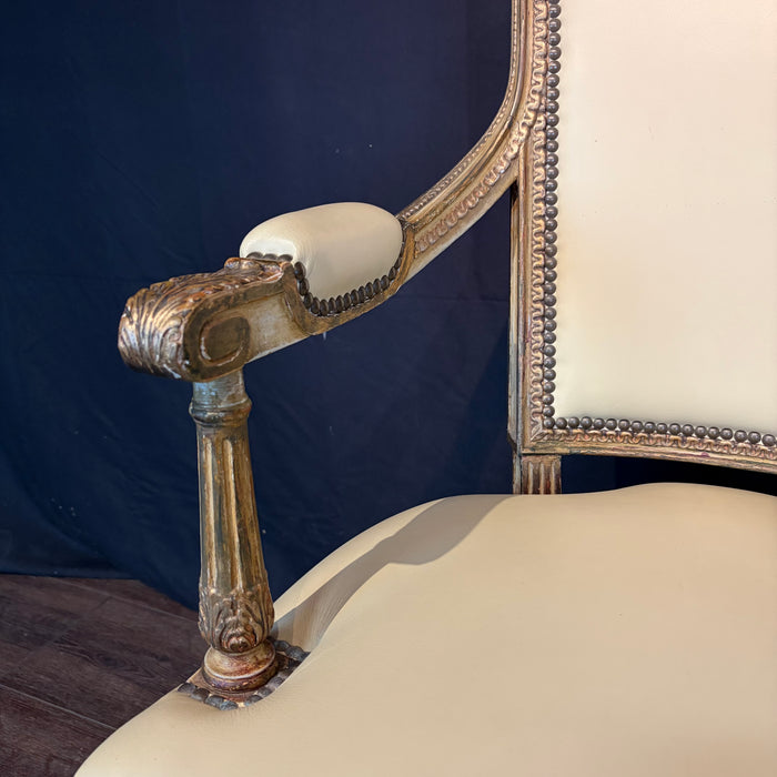 Pair Antique French Louis XVI Carved Giltwood Fauteuil Armchairs