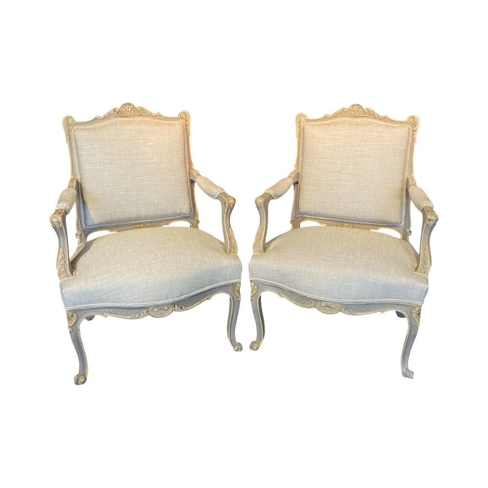 French Pair Louis XV Armchairs or Fauteuils 19th Century Painted