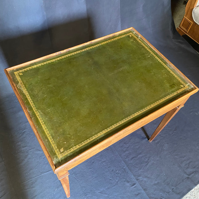 French Louis XVI Walnut Game Table with Reversible Embossed Leather Top, Marquetry Games Play Board and Inlaid Backgammon Board