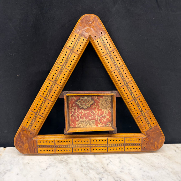 Antique Inlaid Triangular Cribbage Board with Integrated Card Holder