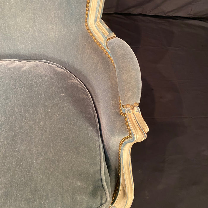 Pair of Antique French Louis XVI Armchairs or Bergere Chairs in Original White Paint and Blue Mohair Upholstery