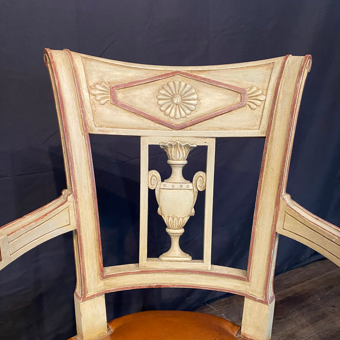 Spectacular Pair of French Neoclassical Figural Leather Armchairs or Fauteuils with Original Paint