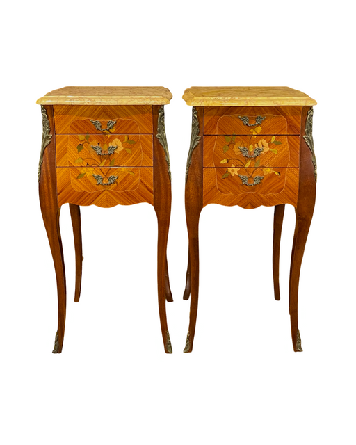 Pair French Louis XV Satinwood Nightstands with Inlaid Marquetry and Marble Tops