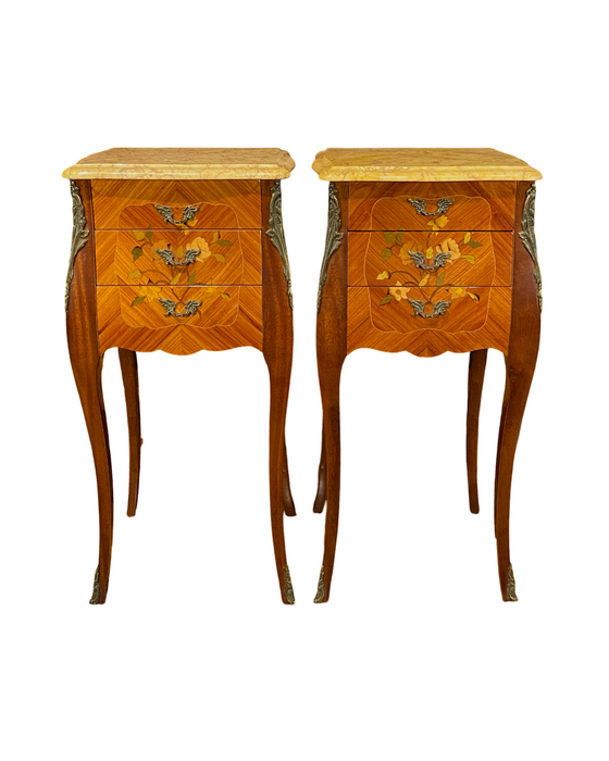 Pair French Louis XV Satinwood Nightstands with Inlaid Marquetry and Marble Tops
