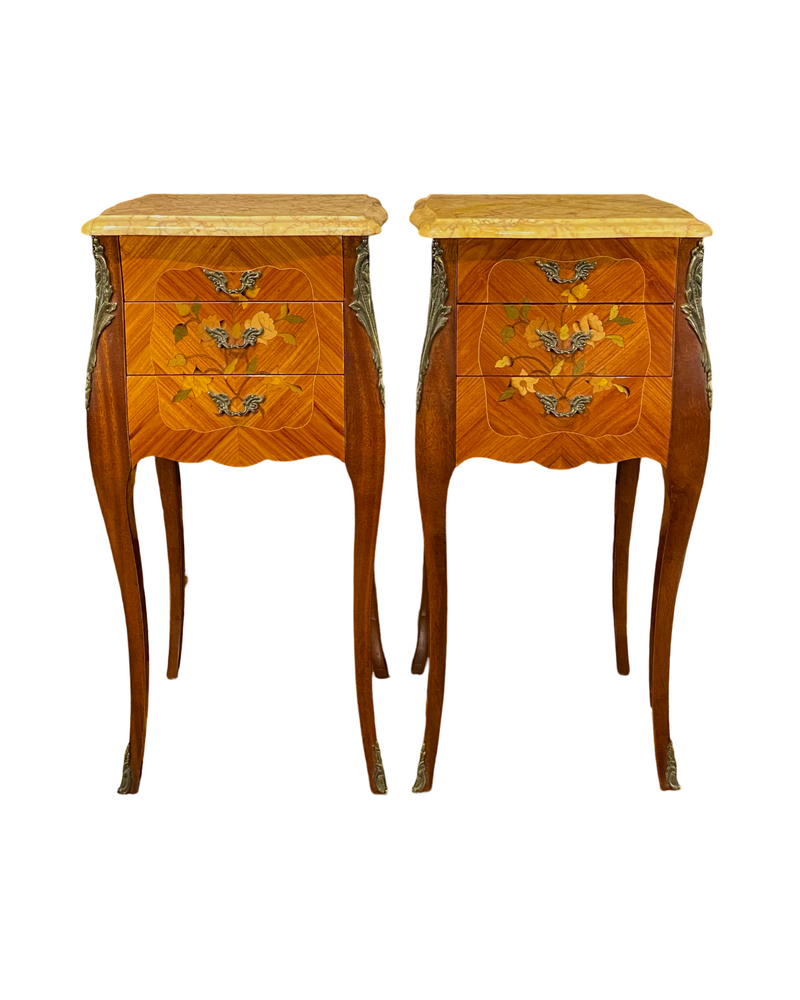 Pair French Louis XV Satinwood Nightstands with Inlaid Marquetry and Marble Tops
