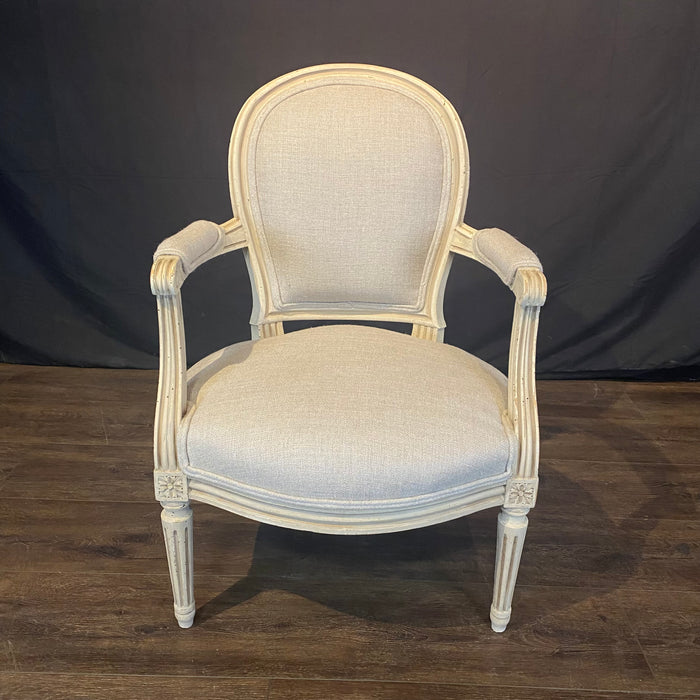 19th Century Pair of French Louis XVI Painted Neoclassical Fauteuil Armchairs