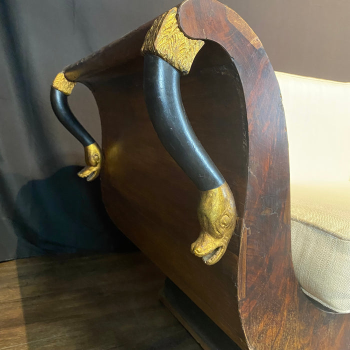 Period French Empire Mahogany and Ebony Gilded Neoclassical Sofa with Carved Gold Swan Figurines
