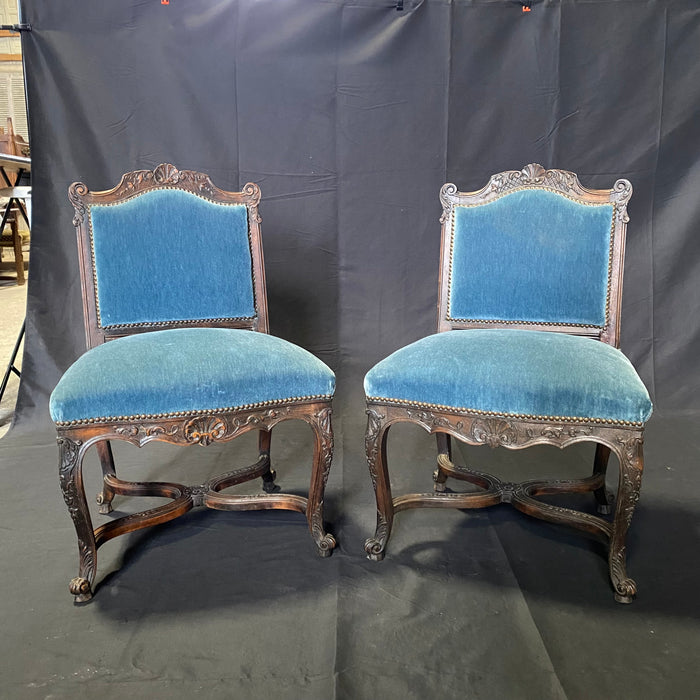 Pair of 19th Century French Louis XV Chairs with Original Blue Mohair Upholstery Accent Chairs or Parlor Chairs