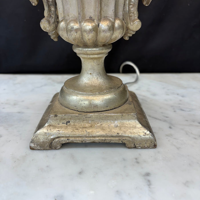 Antique Silver Urn Table Lamp with Elaborate Foliate Carving and Scrolled Handles (2 available)