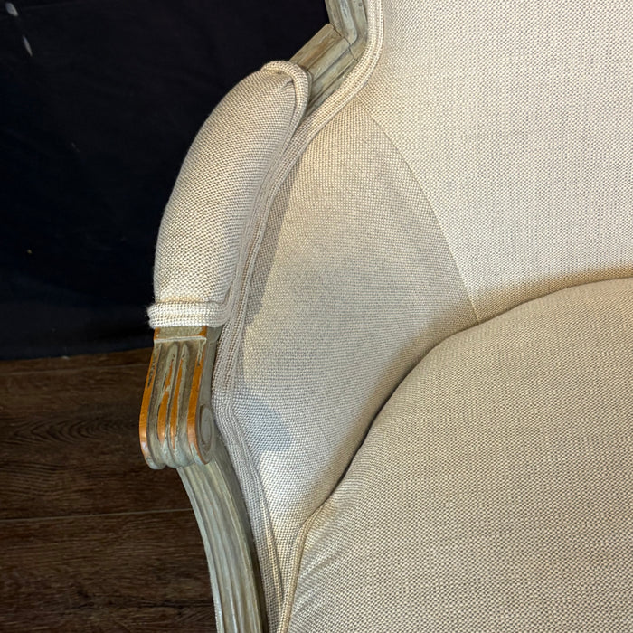 Pair of Antique French Louis XVI Carved and Painted Bergère Armchairs with New Upholstery
