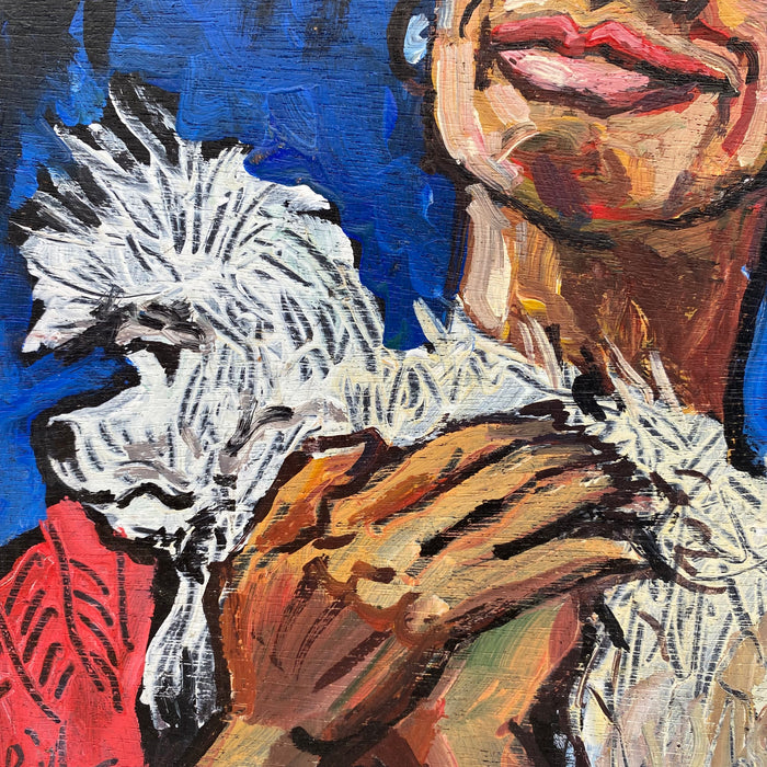 Original Oil Portrait of Woman and Pet White Maltese or Shih Tzu Dog British Signed Pet Portrait