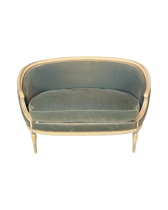 Antique French Louis XVI Sofa, Loveseat or Settee in Original White Paint and Blue Mohair Upholstery