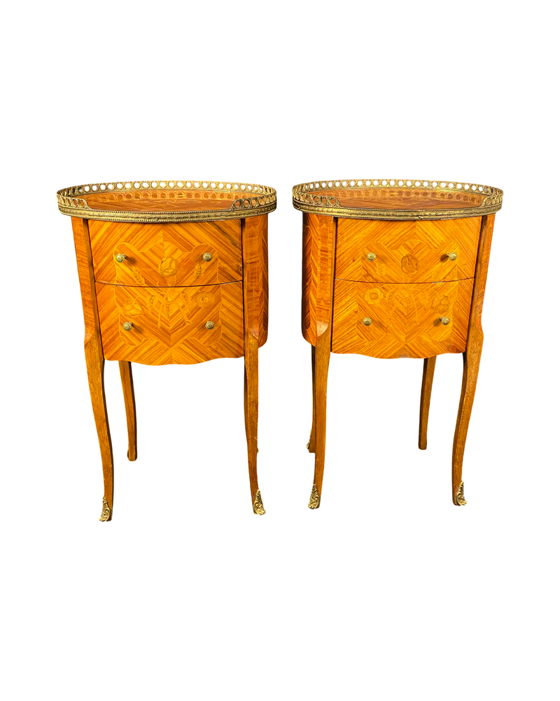 French Louis XV bedside tables, nightstands or side tables with marquetry