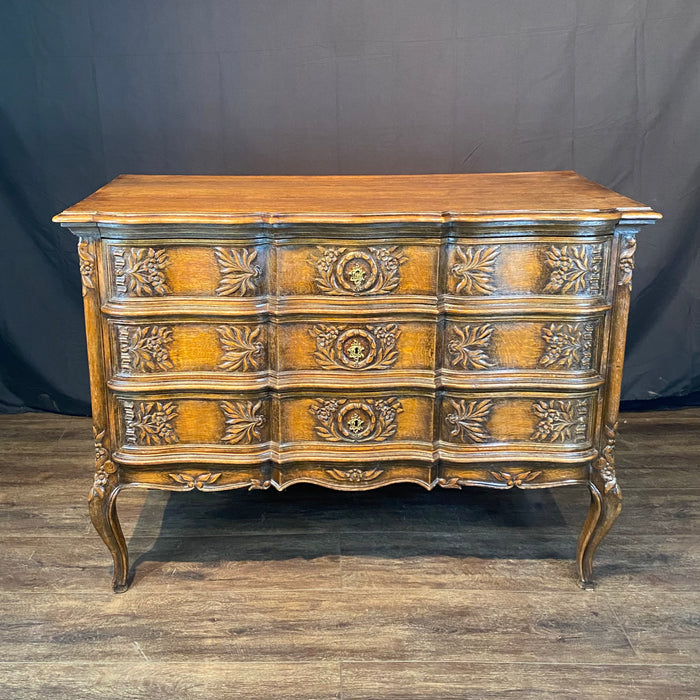 French Louis XV Carved Oak Provincial Country Commode or Chest of Drawers
