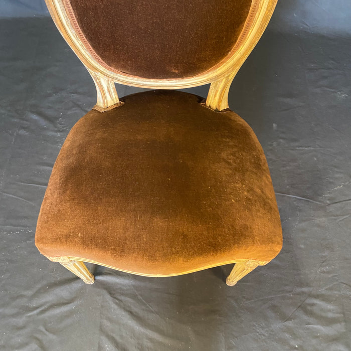 Set of 2 French Louis XVI Oval Back Carved Wood Mohair Upholstered Dining or Side Chairs