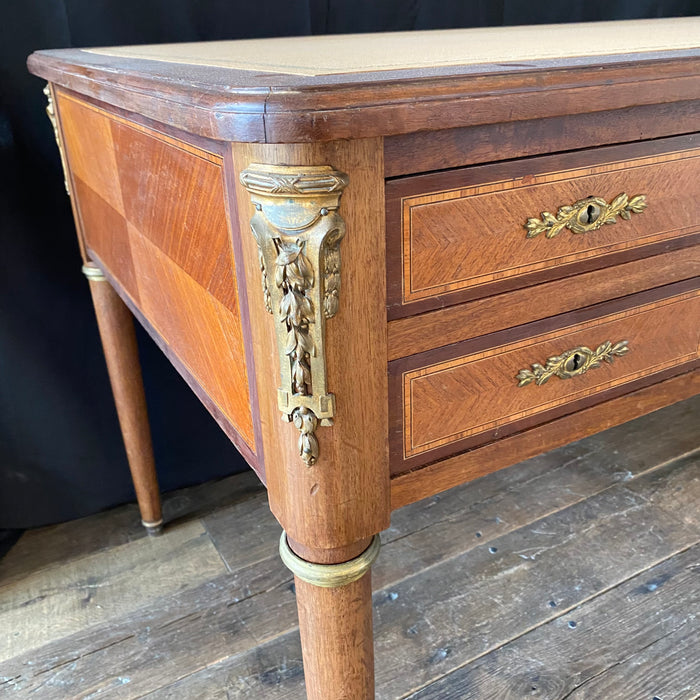 19th Century French Walnut Inlaid Louis XVI Desk or Bureau Plat with Embossed Leather Writing Surface